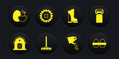 Set Farm house, Can container for milk, Garden rake, Watering can, Waterproof rubber boot, Sunflower, Chicken egg box and Little chick cracked icon. Vector