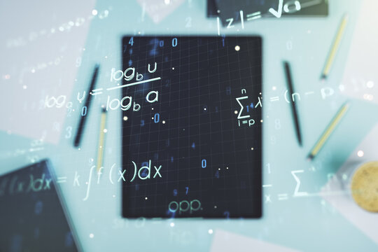 Creative scientific formula illustration and modern digital tablet on desktop on background, top view, science and research concept. Multiexposure