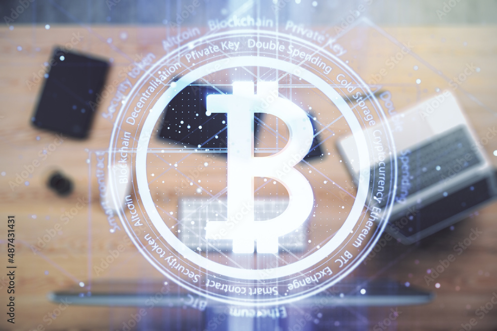 Poster double exposure of creative bitcoin symbol hologram with computer on background. mining and blockcha