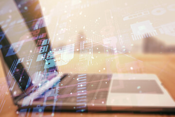 Double exposure of abstract creative programming illustration on computer background, big data and blockchain concept