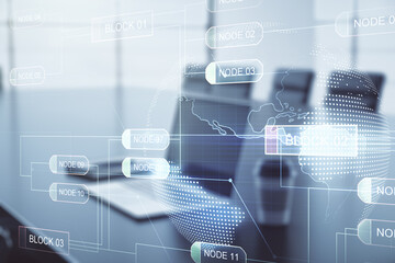 Double exposure of abstract programming language with world map on laptop background, research and development concept