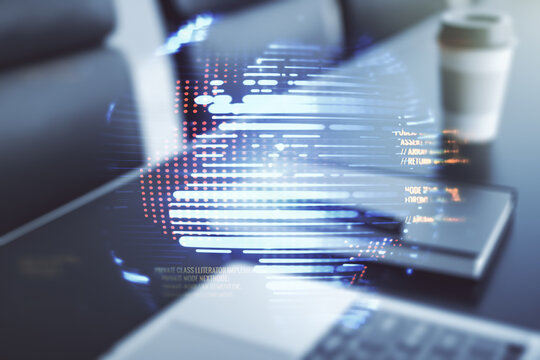 Multi exposure of abstract programming language hologram with world map on computer background, artificial intelligence and neural networks concept