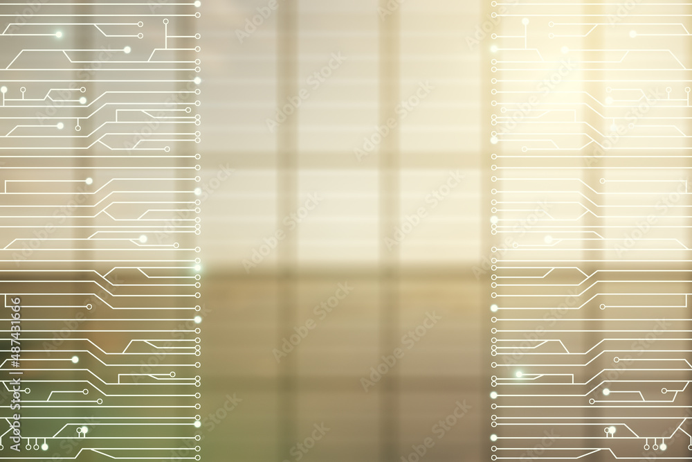 Poster abstract virtual microscheme illustration on empty corporate office background. big data and databas
