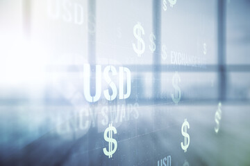 Double exposure of virtual USD symbols hologram on empty modern office background. Banking and investing concept
