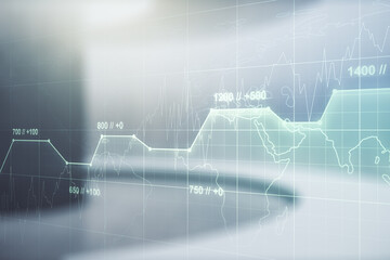 Multi exposure of abstract statistics data hologram interface on abstract empty interior background, computing and analytics concept