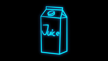 package with juice on a black background, vector illustration, neon. paper bag filled with squeezed juice. healthy drink. neon illustration, vintage, retro style. trendy neon blue