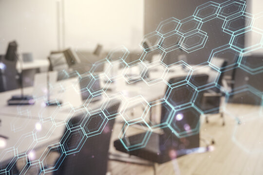 Double exposure of abstract virtual technology hologram with hexagon on modern corporate office background. Research and development software concept