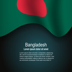 Flag of Bangladesh flying on dark background with text