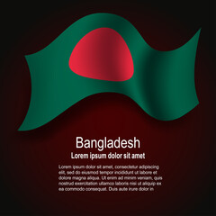 Flag of Bangladesh flying on dark background with text