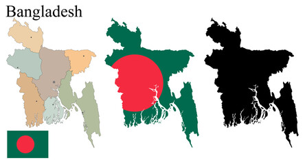 Set of maps of Bangladesh. Flag on the map. Silhouette of the card