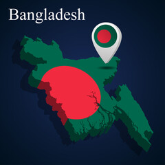Flag of Bangladesh on 3d map on dark background.