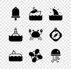 Set Ship bell, Cruise ship, Shark fin in ocean wave, Submarine, Boat propeller, Jellyfish, Floating buoy and Crab icon. Vector
