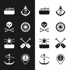 Set Ship steering wheel, Skull on crossbones, Sharp stone reefs, Anchor, Lighthouse, Paddle, Location with anchor and icon. Vector
