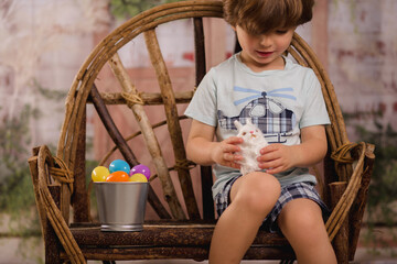 Naklejka premium little boy petting a bunny for Easter in a wooden chair 