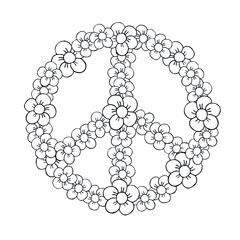 Vector hand drawn doodle sketch peace sign with flowers isolated on white background