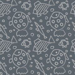Seamless pattern. Hand-drawn ornament of fish on a gray background. Strokes, lines, contours, shapes. Design of background, interior, wallpaper, textiles, fabric, packaging, wrappers. 