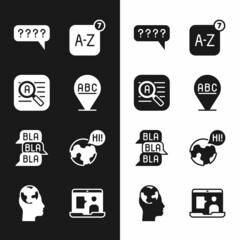 Set Alphabet, Translator, Speech bubbles with Question, Online translator, chat, Learning foreign languages, Foreign online study and icon. Vector