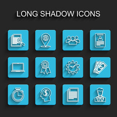 Set line Stopwatch, Business man planning mind, Document with search, User of business suit, Medal star, Stacks paper money cash and Time Management icon. Vector