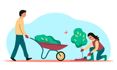 A family couple is planting a tree sapling. A man with a wheelbarrow, a woman digs the soil with a shovel. Caring for nature and ecology. Vector flat illustration