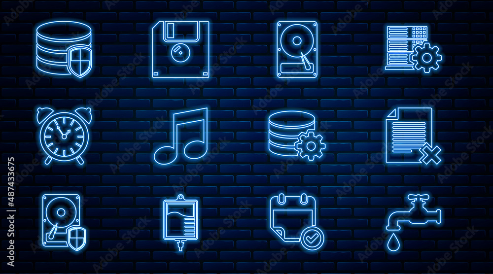 Poster set line water tap, delete file document, hard disk drive hdd, music note, tone, alarm clock, databa