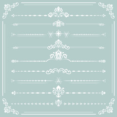 Vintage set of decorative elements. Horizontal separators in the frame. Collection of white different ornaments. Classic patterns. Set of vintage patterns