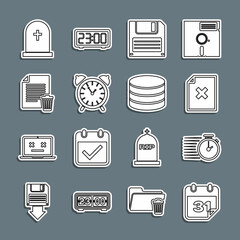 Set line Calendar, Stopwatch, Delete file document, Floppy disk, Alarm clock, Tombstone with cross and Database icon. Vector