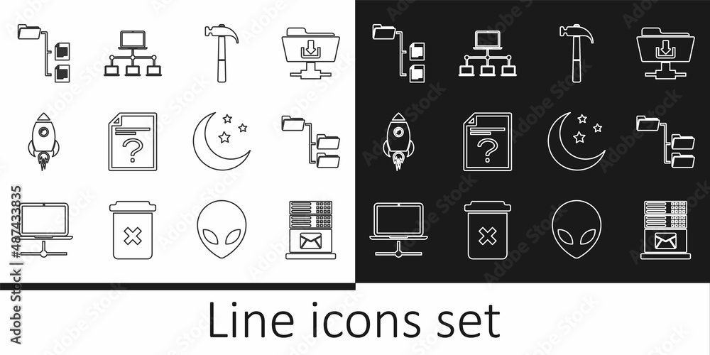 Poster set line mail server, folder tree, hammer, unknown document, rocket ship with fire, moon and stars a