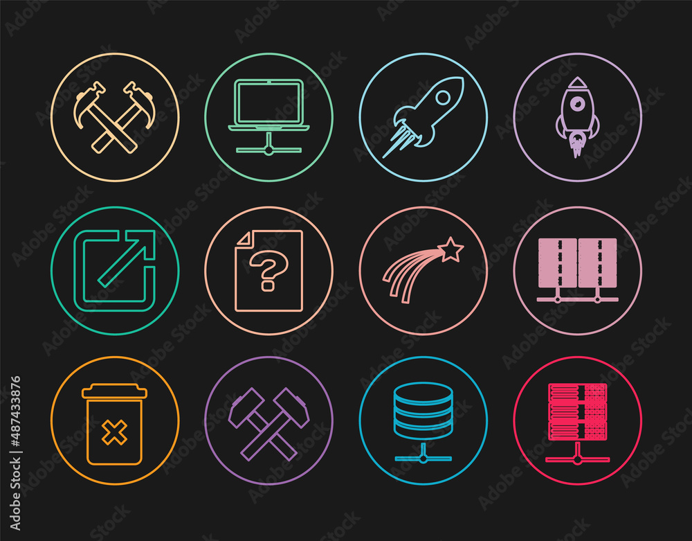 Poster set line server, data, web hosting, rocket ship with fire, unknown document, open new window, two cr