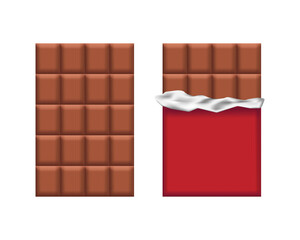 Milk chocolate bar. Two chocolates in a red wrapper. Unwrapped chocolate bar, vector clipart isolated on white background.