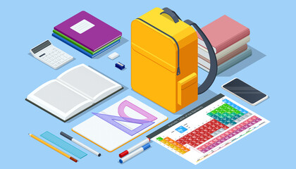 Isometric school elements, many school supplies. Children s subjects for study. Ready to study.