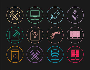 Set line Server, Data, Web Hosting, Rocket ship with fire, Unknown document, Open new window, Two crossed hammers, Falling star and Computer network icon. Vector