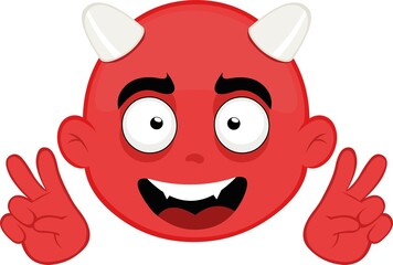 Vector illustration of the face of a cartoon devil making a gesture of love and peace with his hands