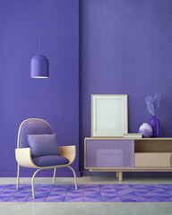 Violet room Very Peri.Chair,TV cabinet, lamp and blank canvas.Modern design interior.3d rendering