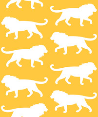 Vector seamless pattern of flat lion silhouette isolated on yellow background