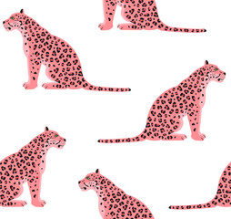 Vector seamless pattern of pink flat sitting leopard isolated on white background