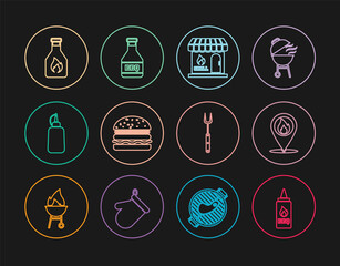 Set line Ketchup bottle, Location with fire flame, Barbecue shopping building, Burger, Mustard, fork and icon. Vector