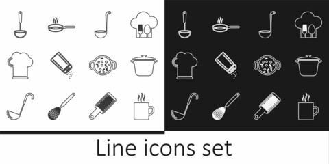 Set line Coffee cup, Cooking pot, Kitchen ladle, Salt and pepper, Chef hat, soup and Frying pan icon. Vector