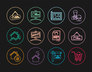 Set line Shopping cart with house, Hanging sign For Sale, House plan, Sold, Rising cost of housing, Open, contract and icon. Vector