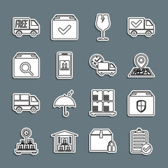 Set line Verification of delivery list, Delivery box security shield, Placeholder map, Fragile broken glass, Mobile with app tracking, Search package, Free service and truck and clock icon. Vector