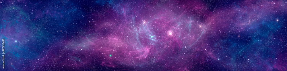 Wall mural nebula and stars in night sky web banner. space background.