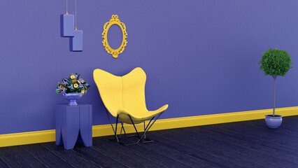 Intérieur de la chambre avec chaise, table d& 39 appoint, fleurs, cadre photo et mur vide de couleur très péri