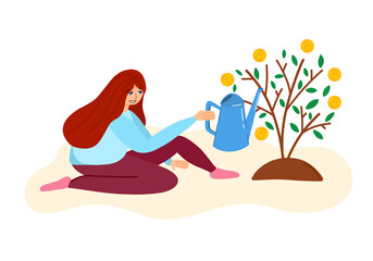 A young girl grows a money tree, financial literacy, a girl sells bitcoins. A flat modern conceptual vector illustration of people who buy and sell cryptocurrency.