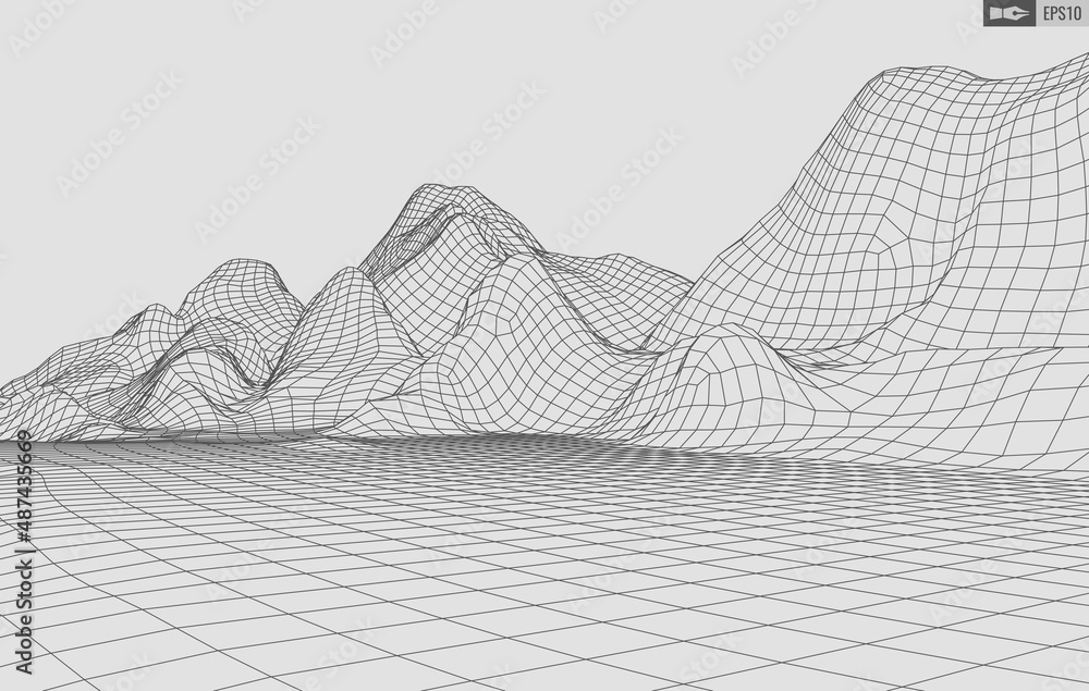 Poster wireframe landscape on white background. abstract geometric vector technology background. 3d vector 