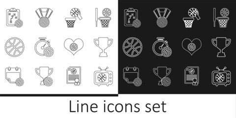 Obraz na płótnie Canvas Set line Basketball match on tv, Award cup, and basket, Stopwatch with basketball, Planning strategy, Heart and medal icon. Vector