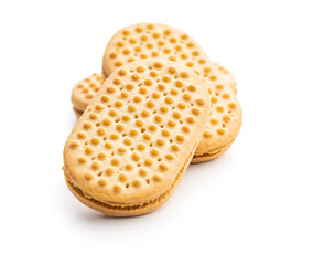 Sweet sandvich cookies. Biscuits with cocoa cream filling isolated on white background.