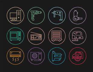 Set line Electric circular saw, jigsaw, drill machine, Radio, Microwave oven, Computer monitor, heater and icon. Vector