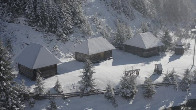 Mountain Lake "Synevir" Carpathian mountains. Aerial. Ukraine. Winter. Snow