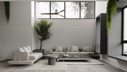 Stylish design living room interior with comfortable cream sofa and coffee table, olive tree in the interior, 3d render