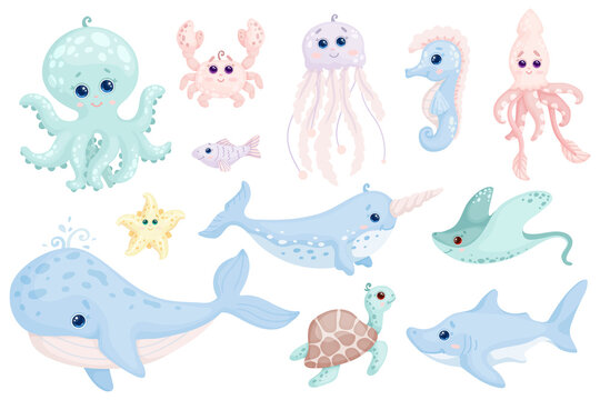 Collection of cute baby marine mammals, fish, animals. Cartoon vector graphics.