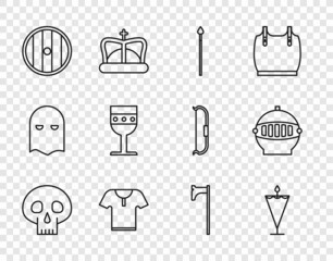 Set line Skull, Medieval flag, spear, Body armor, Round wooden shield, goblet, axe and iron helmet icon. Vector